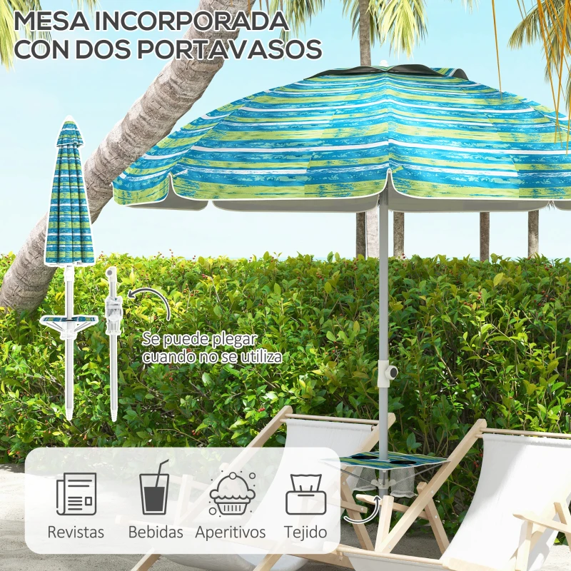 Outsunny Sombrilla de Playa Ø190x215 cm con Reclinación 45° Altura Ajustable y Mesa con Portavasos Anti-UV Impermeable Multicolor