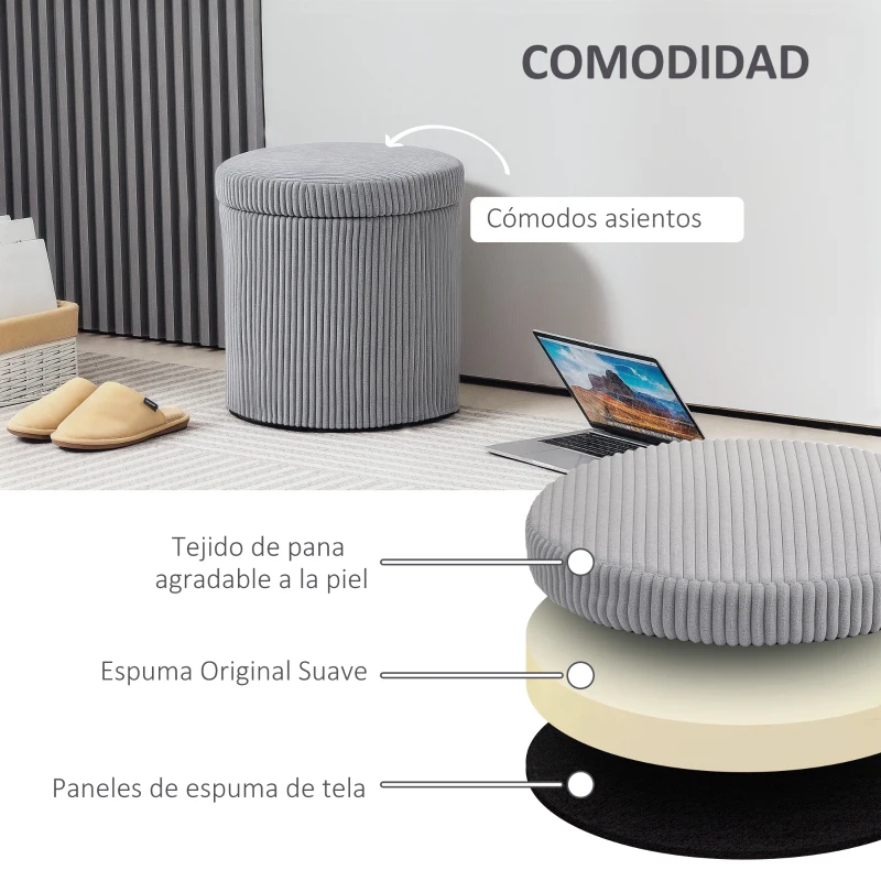HOMCOM Puff con Almacenaje Redondo Tapizado en Pana con Estructura de Acero Estable y Acolchado Suave Ø40x41 cm Gris Claro