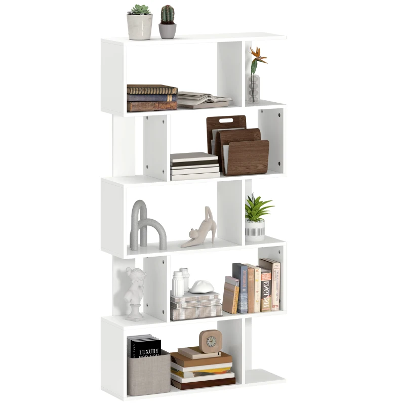HOMCOM Libreria Asimmetrica a S a 5 Livelli con 10 Ripiani Aperti, in Legno, 80x24x159 cm, Bianco