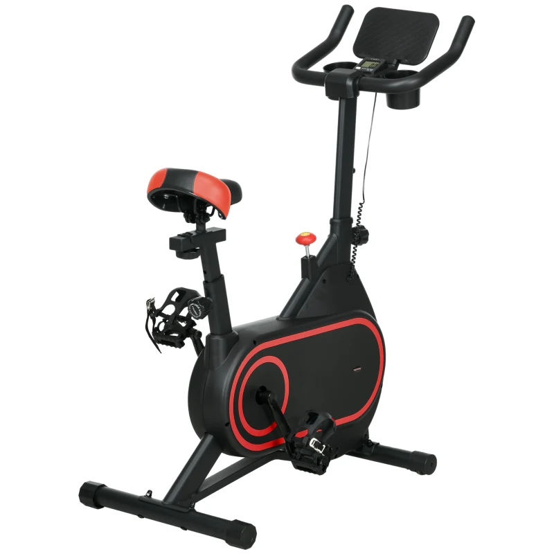 SPORTNOW Bicicleta Estática com Ecrã LCD Assento e Guiador Ajustáveis Volante 4 kg e Porta Garrafa  93x48,5x102-112 cm Vermelho