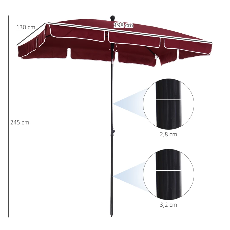Outsunny Sombrilla de Terraza de Aluminio 198x130x245 cm Parasol de Jardín Rectangular con Función de Inclinación Rojo Vino