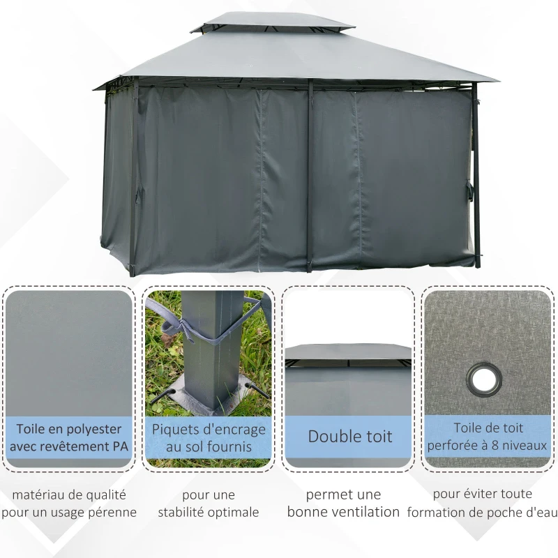 Outsunny Tonnelle barnum pavillon de jardin style colonial double toit toiles latérales amovibles 3L x 4l x 2,8H m gris