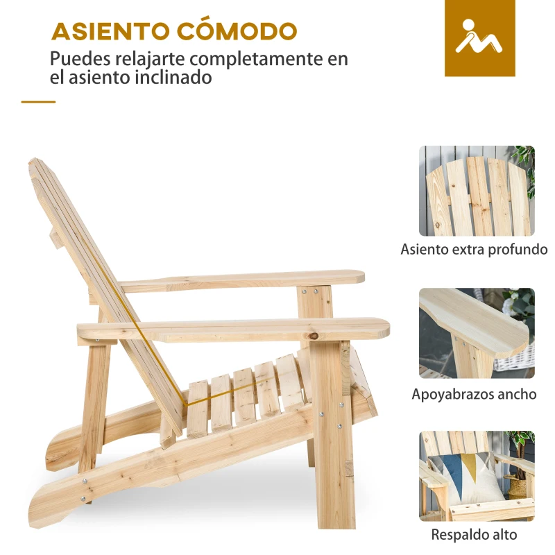 Outsunny Silla de Jardín Adirondack Asiento Extra Ancho Carga 150 kg para Patio Terraza Balcón 78x89x88 cm Natural