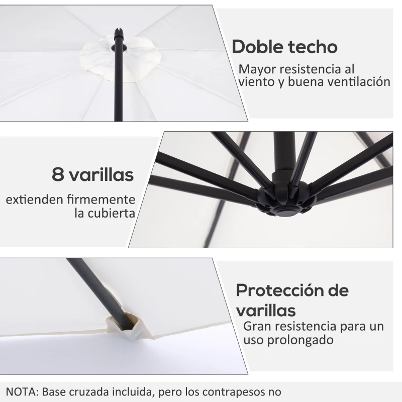 Outsunny Sombrilla de Jardín 295 cm Parasol Excéntrico Inclinable con Manivela Base Cruzada y Soporte de Acero Crema