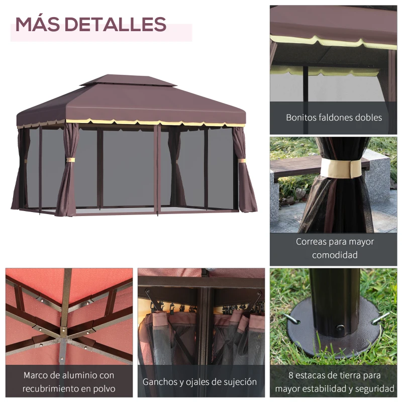 Outsunny Gazebo de Aluminio 4x3 m con Techo de Ventilación 4 Cortinas Laterales 4 Mosquiteras y 8 Orificios de Drenaje Café(m-5)
