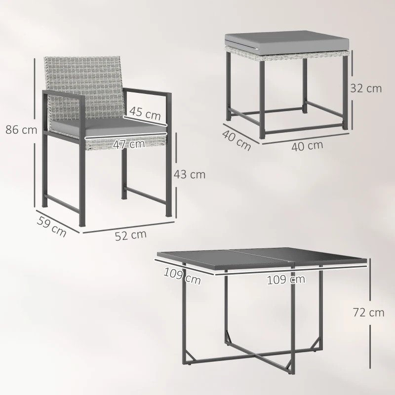 Outsunny Conjunto de Móveis de Jardim de Vime de 9 Peças com Mesa com Vidro Temperado 4 Cadeiras 4 Bancos Cinzento