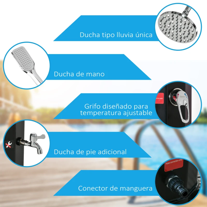 Outsunny Ducha Solar de Exterior de 35L con 2 Cabezales de Ducha Grifo y Agua Caliente 0-55℃ para Jardín 17,5x14,5x216 cm Negro