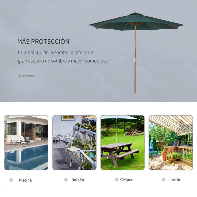 Outsunny Sombrilla Ø300x250 cm Parasol con Poste de Madera con Sistema de Poleas para Jardín Patio Terraza Verde
