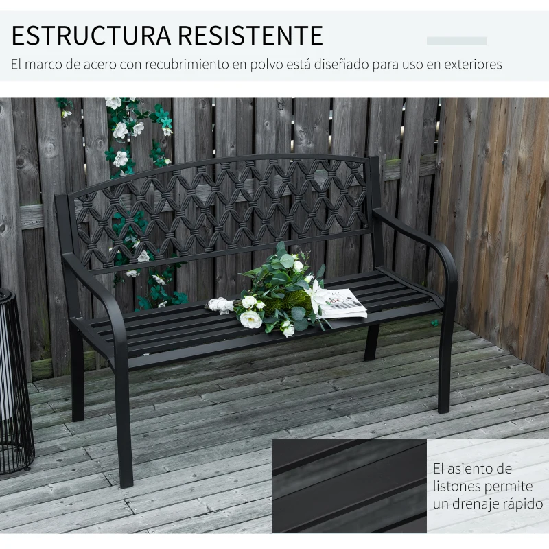 Outsunny Banco de Jardín de 2 Plazas con Respaldo Decorativo y Reposabrazos para Terraza Balcón Patio Exterior Carga 240 kg Hierro Fundido y Acero 128x58,5x89 cm Negro