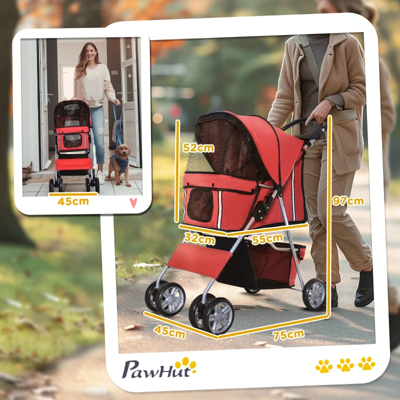 PawHut Carrito para Perros Pequeños con Toldo Ajustable Cesta de Almacenaje Portavasos y 2 Ruedas Universales 75x45x97 cm Rojo