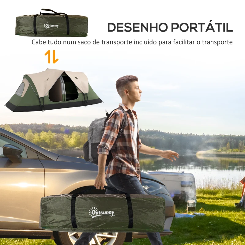 Outsunny Tenda de Campismo Familiar para 4-5 Pessoas Dobrável com 2 Quartos e Bolsa de Transporte  450x215x180 cm Verde e Marrom