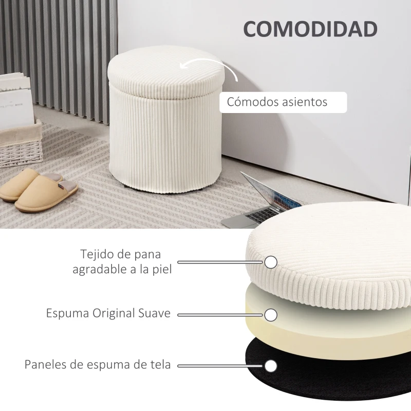 HOMCOM Puff con Almacenaje Redondo Tapizado en Pana con Estructura de Acero Estable y Acolchado Suave Ø40x41 cm Beige