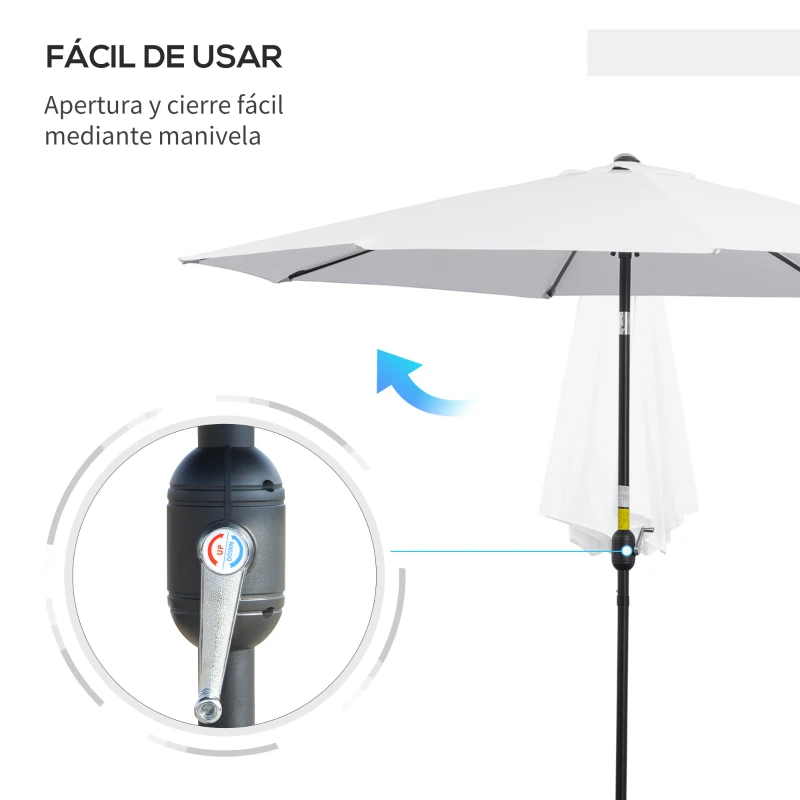 Outsunny Sombrilla de Jardín Ø295x250 cm con Manivela Parasol Exterior con Mecanismo de Inclinación y Poste Desmontable de Metal para Terraza Piscina Patio Blanco
