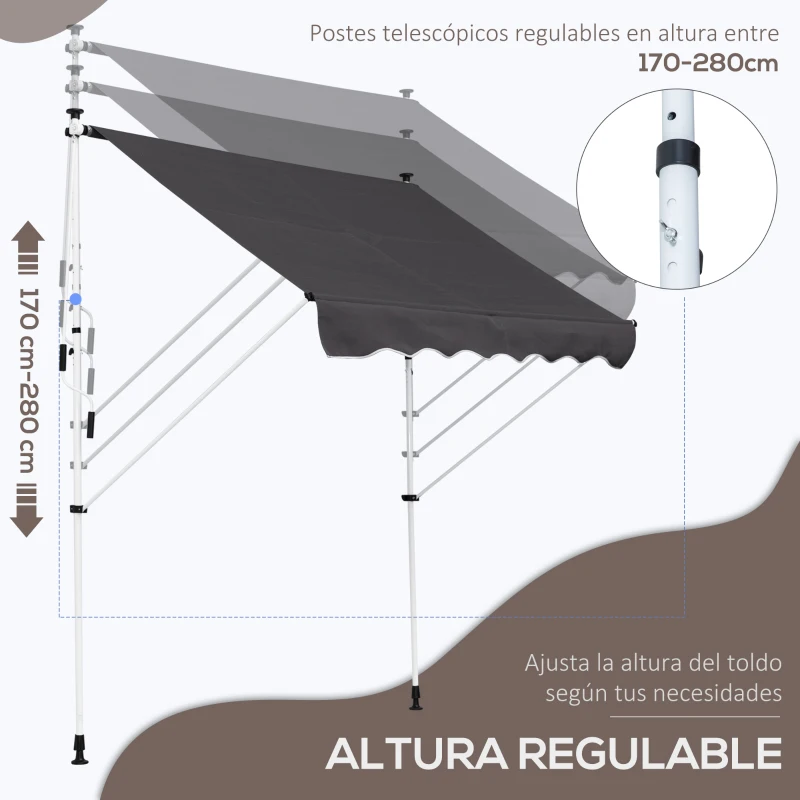 Outsunny Toldo Manual Retráctil 200x150x170-280 cm para Balcón y Terraza con Altura Ajustable con Manivela Gris