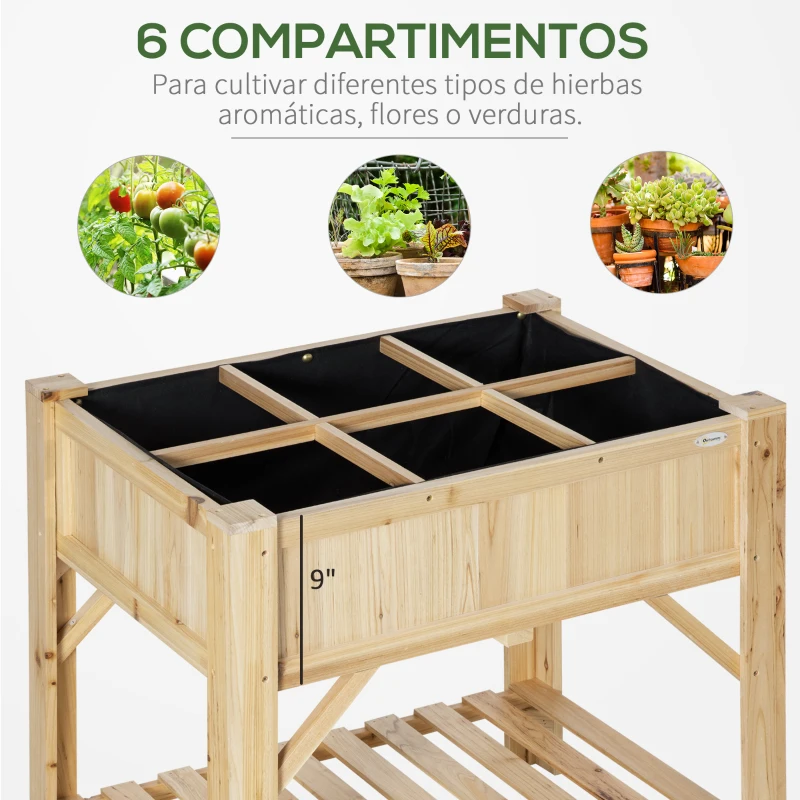Outsunny Huerto Urbano de Madera  78,5x58x81 cm Mesa de Cultivo con 6 Compartimentos y Estante Inferior para Plantas Flores en Jardín Terraza Exterior Color Natural