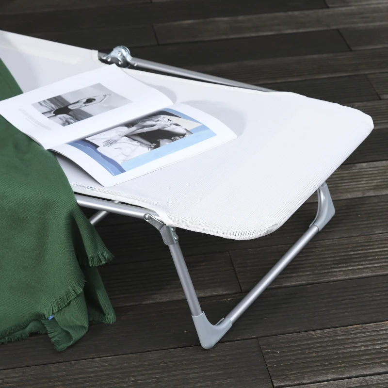 Outsunny Tumbona Plegable y Reclinable de Jardín con Reposacabezas y Respaldo Ajustable en 5 Niveles Tela de Texteline Transpirable 182x56x28 cm Crema