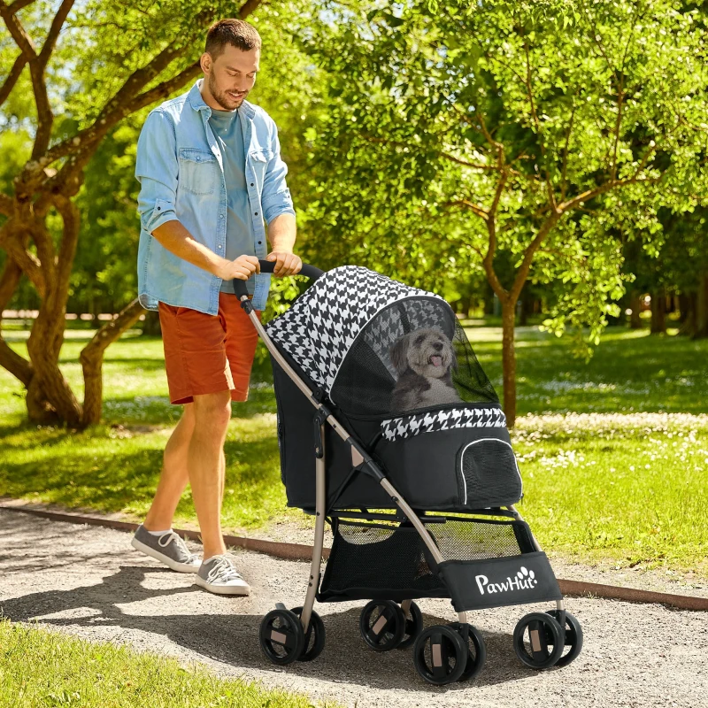 PawHut Carrito para Mascotas con 2 Puertas Ventana de Malla Cesta de Almacenamiento Cuerda de Seguridad 80x44,5x97 cm Negro