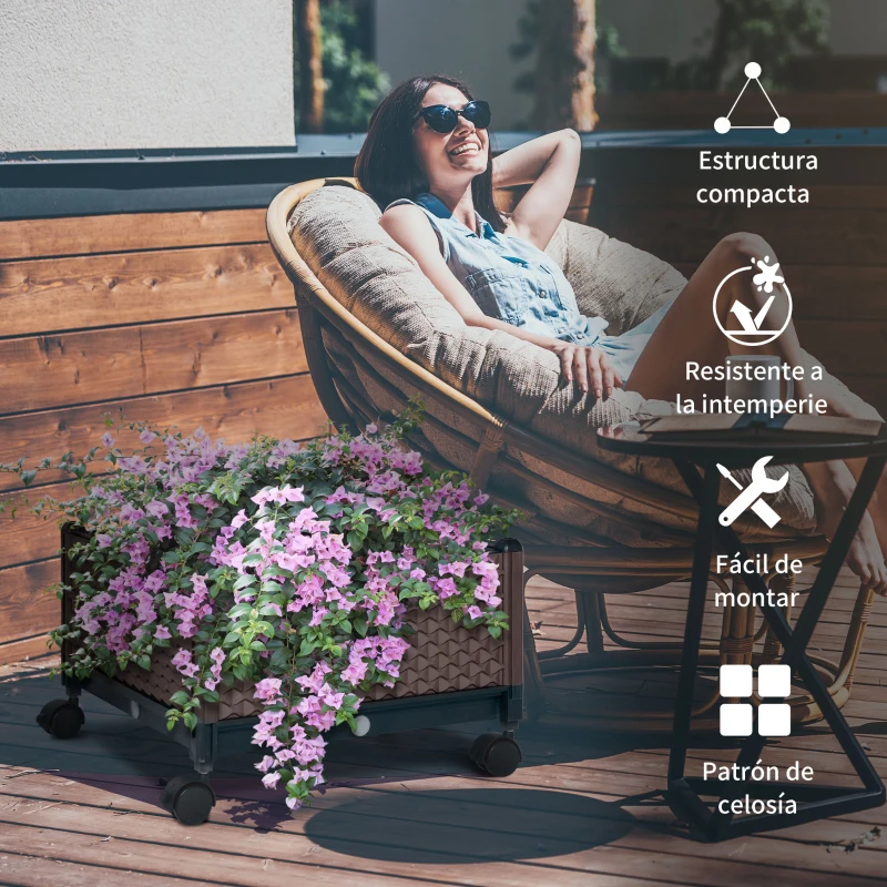 Outsunny Jardinera de Plástico con Ruedas y Agujeros de Drenaje para Cultivo de Plantas en Exterior 50x50x33 cm Marrón