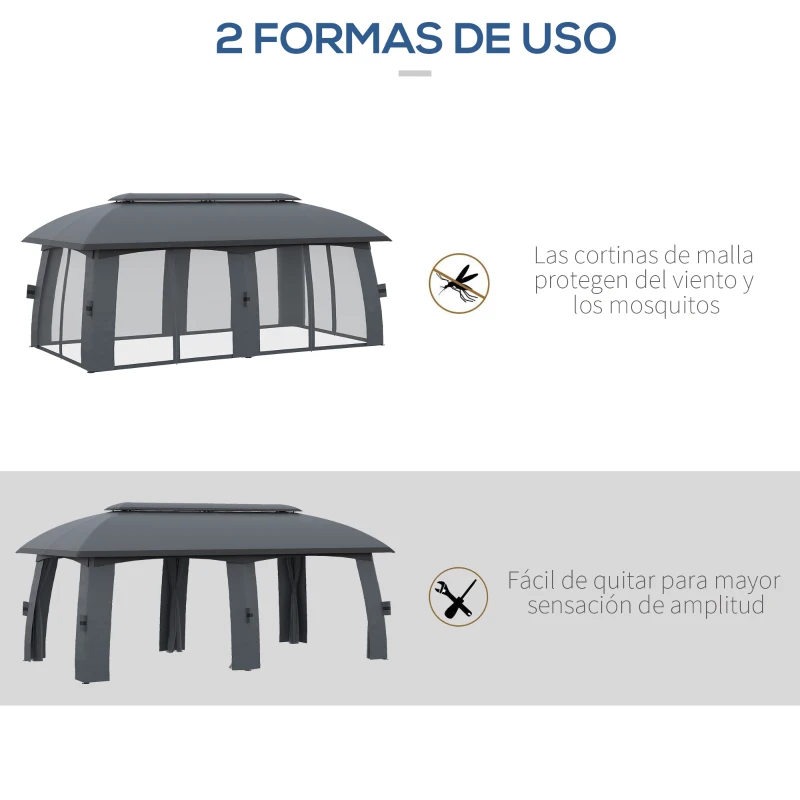 Outsunny Cenador de Jardín Gazebo Exterior con Doble Techo y Mosquiteras para Fiestas Eventos 3x6 m Gris Oscuro