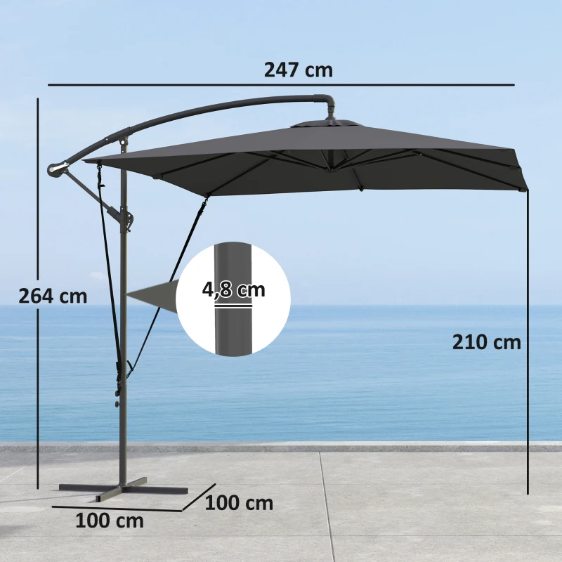 Outsunny Chapéu de Sol Excêntrico 247x247 cm com Base Cruzada Capa Ajustável Manivela Capa Protectora e Corda de Vento Cinza Escuro