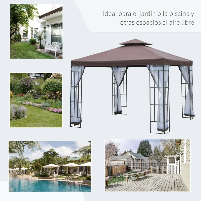Outsunny Cenador de Jardín 3x3 m Pabellón para Exterior con Doble Techo de Ventilación 4 Mosquiteras Extraíbles y Marco de Acero Protección Solar Gazebo para Fiestas Eventos Café