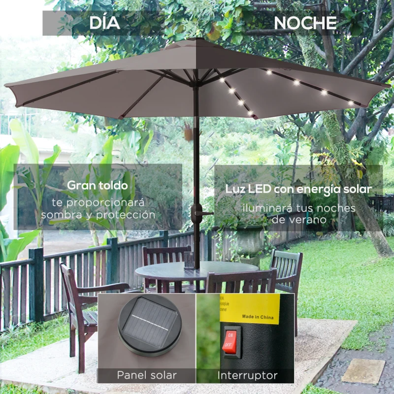 Outsunny Sombrilla Terraza Exterior Ø265 cm Sombrilla de Jardín con 32 Luces LED Solares Poste de Acero y Manivela Parasol Inclinable para Patio Terraza Gris