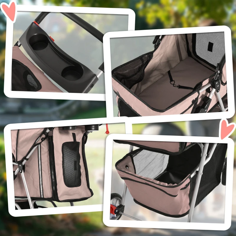 PawHut Carrito para Perros Pequeños con Toldo Ajustable Cesta de Almacenaje Portavasos y 2 Ruedas Universales 75x45x97 cm Café