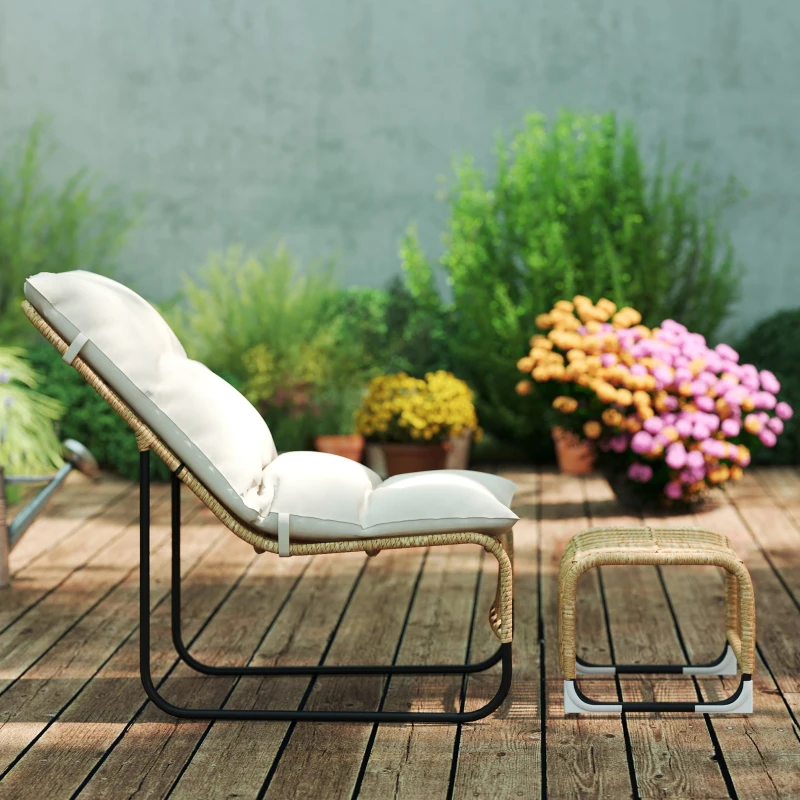 Outsunny Rattanowy Fotel Relaksacyjny z Podnóżkiem Odporny na UV, z Poduszką, 65 x 93 x 80 cm, Kolor Drewna Naturalnego