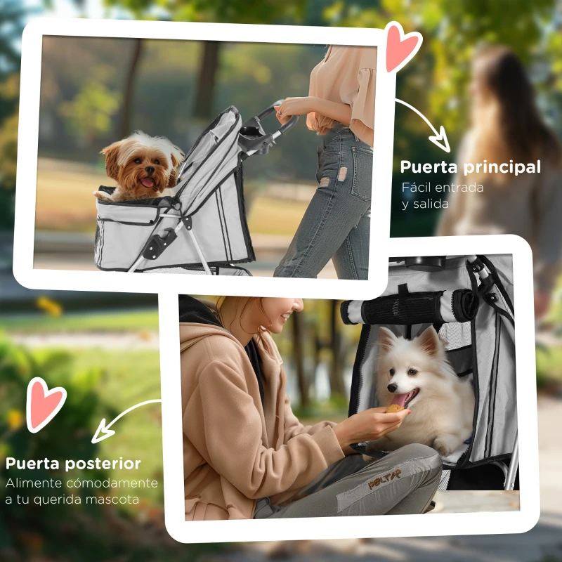 PawHut Carrito para Perros Pequeños con Cesta de Almacenaje Ventanas de Malla y 2 Ruedas Universales 75x45x97 cm Gris