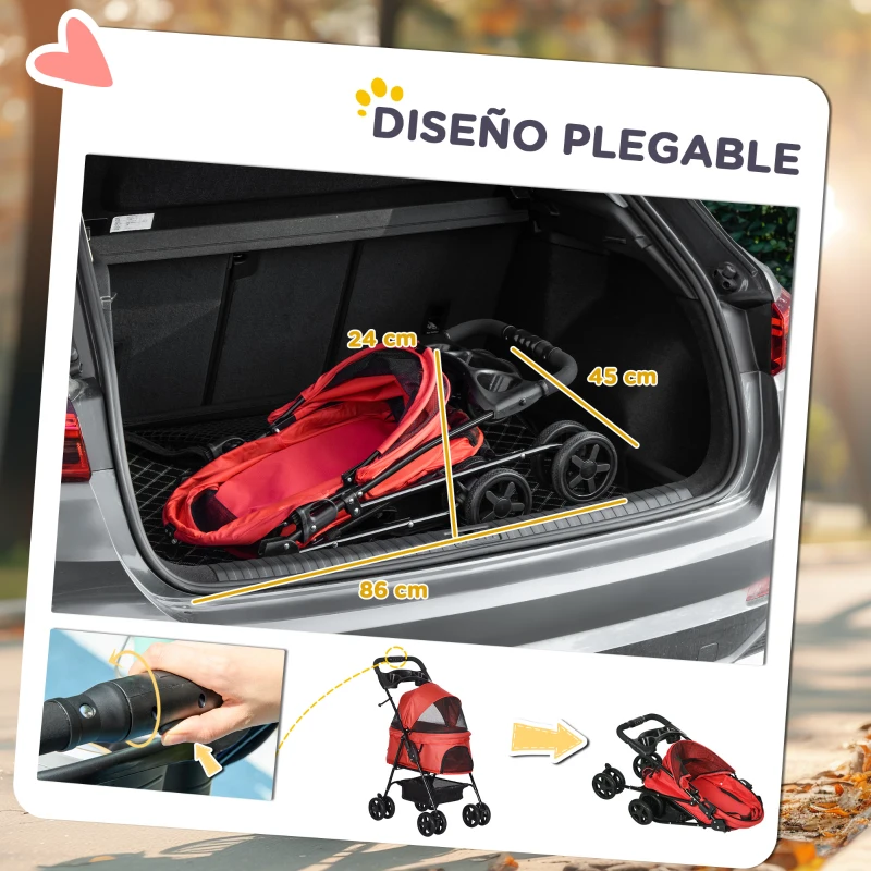 PawHut Carrito para Perros Pequeños con Ruedas Universales Cesta de Almacenaje Correas de Seguridad y Ventanas 67x45x96 cm Rojo