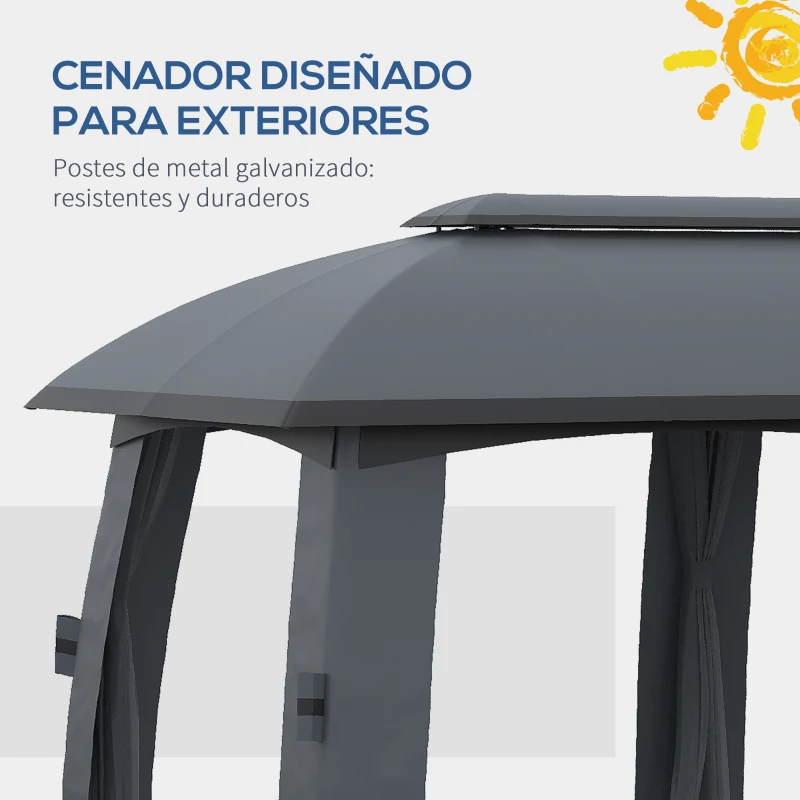 Outsunny Cenador de Jardín Gazebo Exterior con Doble Techo y Mosquiteras para Fiestas Eventos 3x6 m Gris Oscuro
