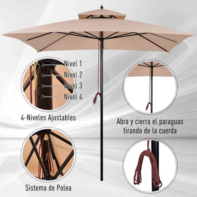Outsunny Parasol de Jardín de Metal 3x3x3 m con Doble Techo Impermeable y Manivela para Terraza Balcón Exterior Beige