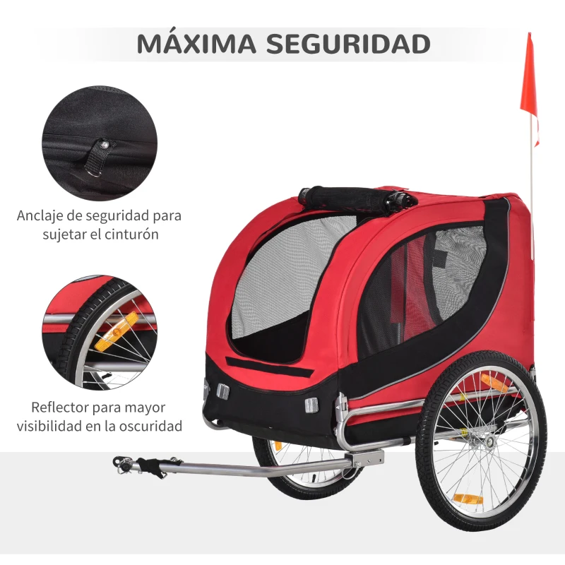 PawHut Remolque Bicicleta Perros Mascota 1 Bandera 8 Reflectores Remolque Bici 130x73x90 cm Rojo Negro