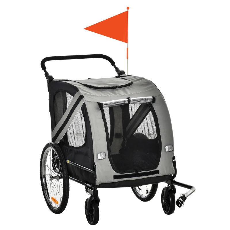 PawHut Remolque de Bicicleta para Perros 2 en 1 con Puertas Enrollables Cinturón de Seguridad Carga 30 kg 140x72,5x108 cm Gris