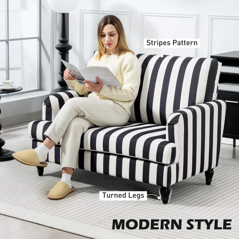 HOMCOM Modern Cuddle Chair, Velvet Single Sofa Armchair with Stripe, Turned Legs and Wide Seat, Upholstered Snuggle Chair for Living Room, Bedroom, Black and White