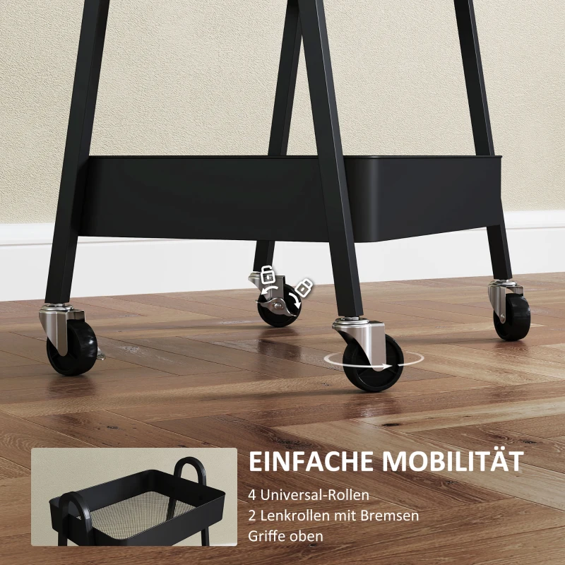 HOMCOM Wózek Serwisowy z 3 Poziomami na Kółkach z Uchwytem i Hamulcem dla Kuchni Biura Łazienki, Czarny