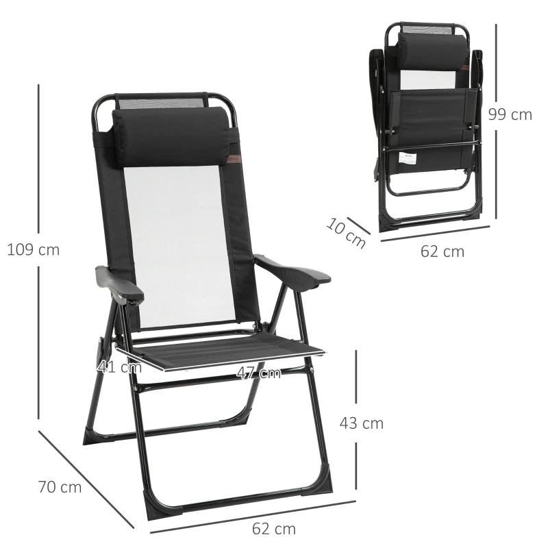 Outsunny Conjunto de 2 Sillas de Camping Plegables con Reposacabezas Desmontable y Respaldo Reclinable 62x70x109 cm Negro