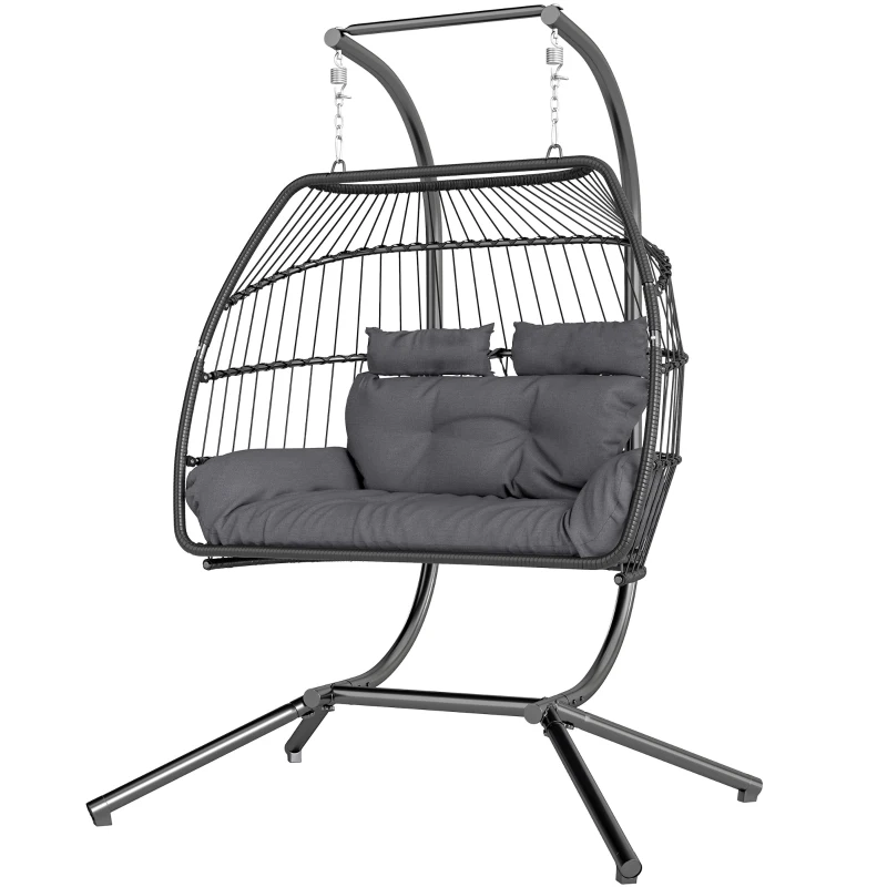 Outsunny Rattan Double Hanging Egg Chair with Stand, Foldable Wicker Swing Egg Chair with Cushion, Head Pillows, Steel Frame, Hammock Chair for Indoor Outdoor, Capacity 260 kg, Dark Grey