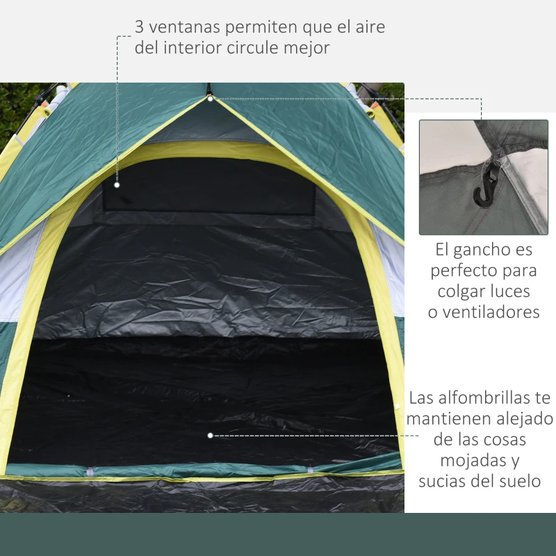 Outsunny Tienda Camping Plegable con 1 Puerta 3 Ventanas Bolsa de Transporte y Apertura Automática 205x195x135 cm Verde
