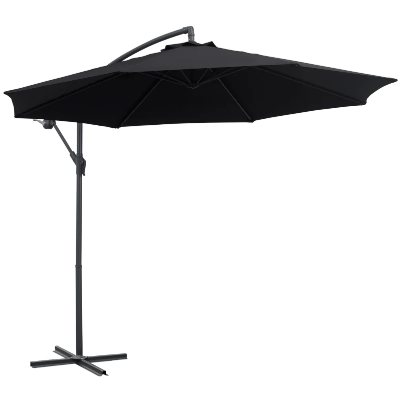 Outsunny Sombrilla de Jardín Ø295x250 cm Parasol Excéntrico Inclinable con Manivela Base Cruzada y Soporte de Metal 8 Varillas para Terraza Exterior Balcón Negro