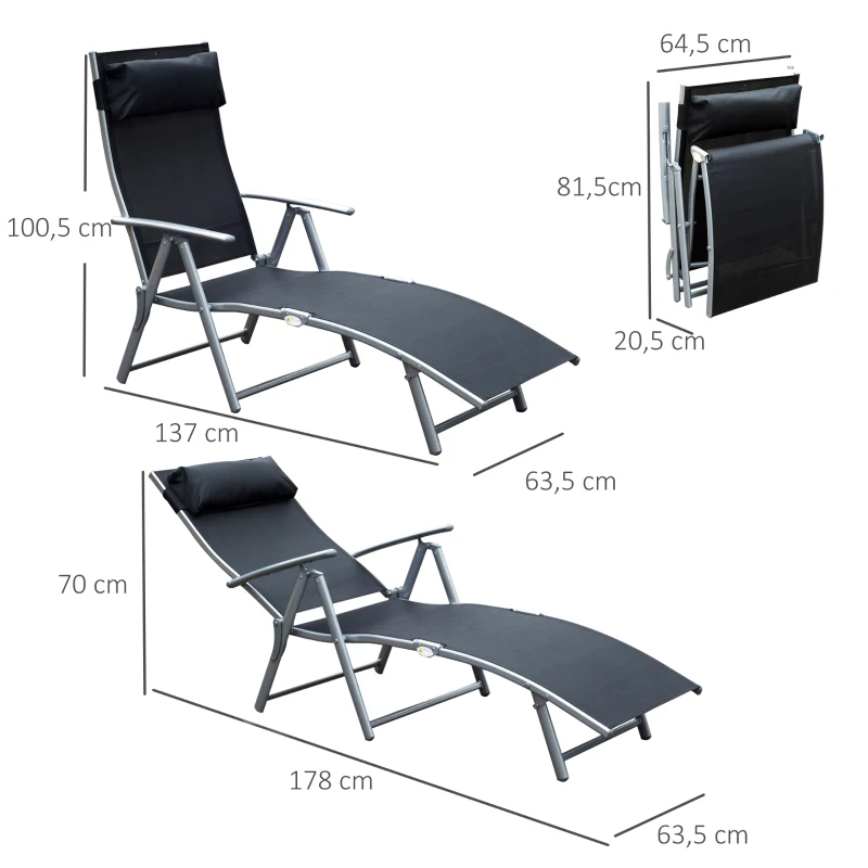 Outsunny Tumbona de Jardín Plegable con Respaldo Ajustable en 7 Niveles Almohada y Reposabrazos 137x63,5x100,5 cm Negro