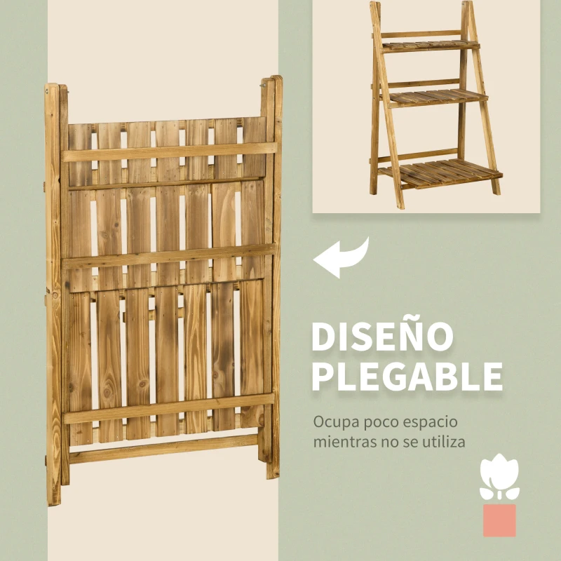 Outsunny Soporte para Plantas de Madera de 3 Niveles Estantería para Plantas Plegable Soporte para Macetas 60x37x93 cm Natural