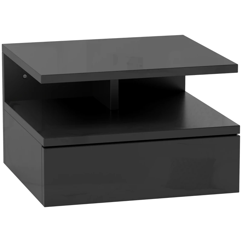 HOMCOM Noptieră Suspendată cu Sertar și Raft Superior din Lemn, 35x32x22,5 cm, Negru