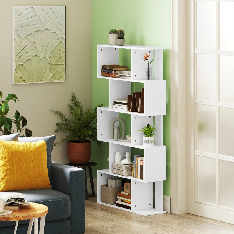 HOMCOM Libreria Asimmetrica a S a 5 Livelli con 10 Ripiani Aperti, in Legno, 80x24x159 cm, Bianco