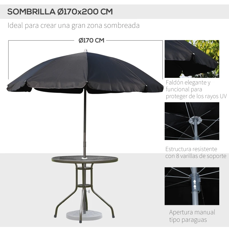 Outsunny Conjunto de Muebles para Jardín con 4 Sillas 1 Mesa y 1 Parasol Texteline Aluminio y Poliéster Negro