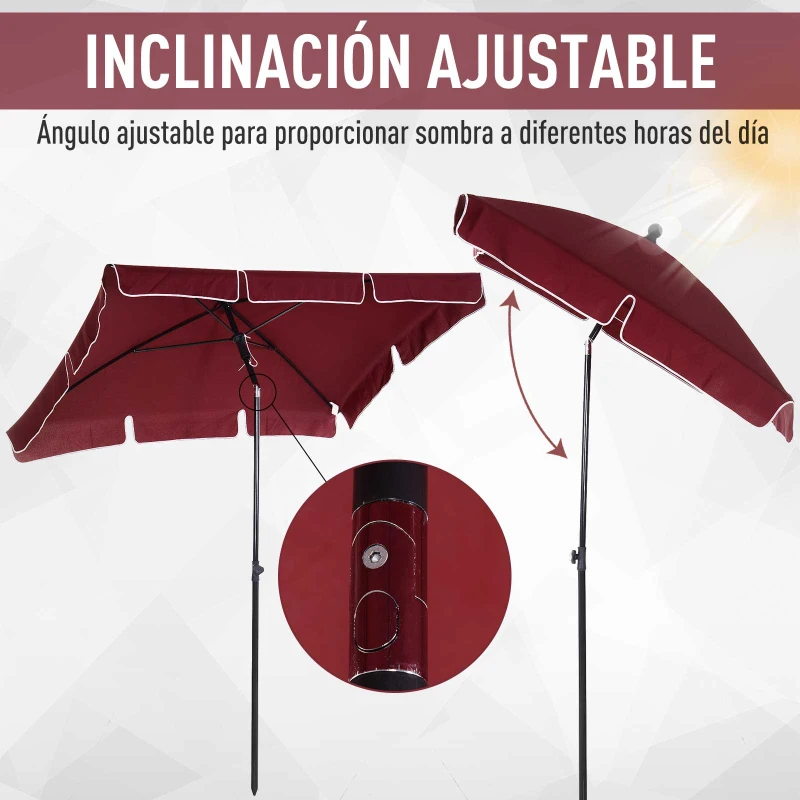 Outsunny Sombrilla de Terraza de Aluminio 198x130x245 cm Parasol de Jardín Rectangular con Función de Inclinación Rojo Vino