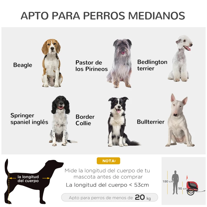 PawHut Remolque Bicicleta Perros Mascota 1 Bandera 8 Reflectores Remolque Bici 130x73x90 cm Rojo Negro