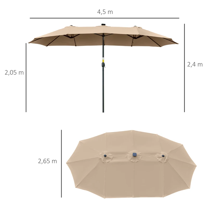 Outsunny Sombrilla Doble 450x265x240 cm con 48 Luces LED Manivela Protección Solar para Terraza Balcón Piscina Caqui