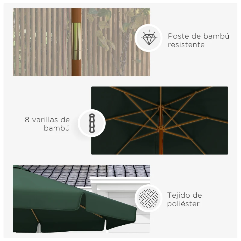 Outsunny Parasol de Madera Ø325x250 cm con Sistema de Polea Techo de Ventilación y 8 Varillas de Bambú para Terraza Balcón Verde