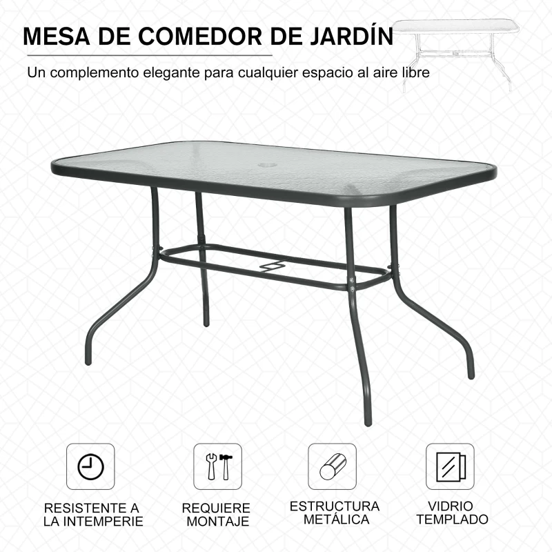 Outsunny Mesa de Jardín Exterior Rectangular de Metal Bordes Curvos con Orificio para Sombrilla Capacidad 70kg Vidrio Templado 140x80x70 cm Gris Carbón